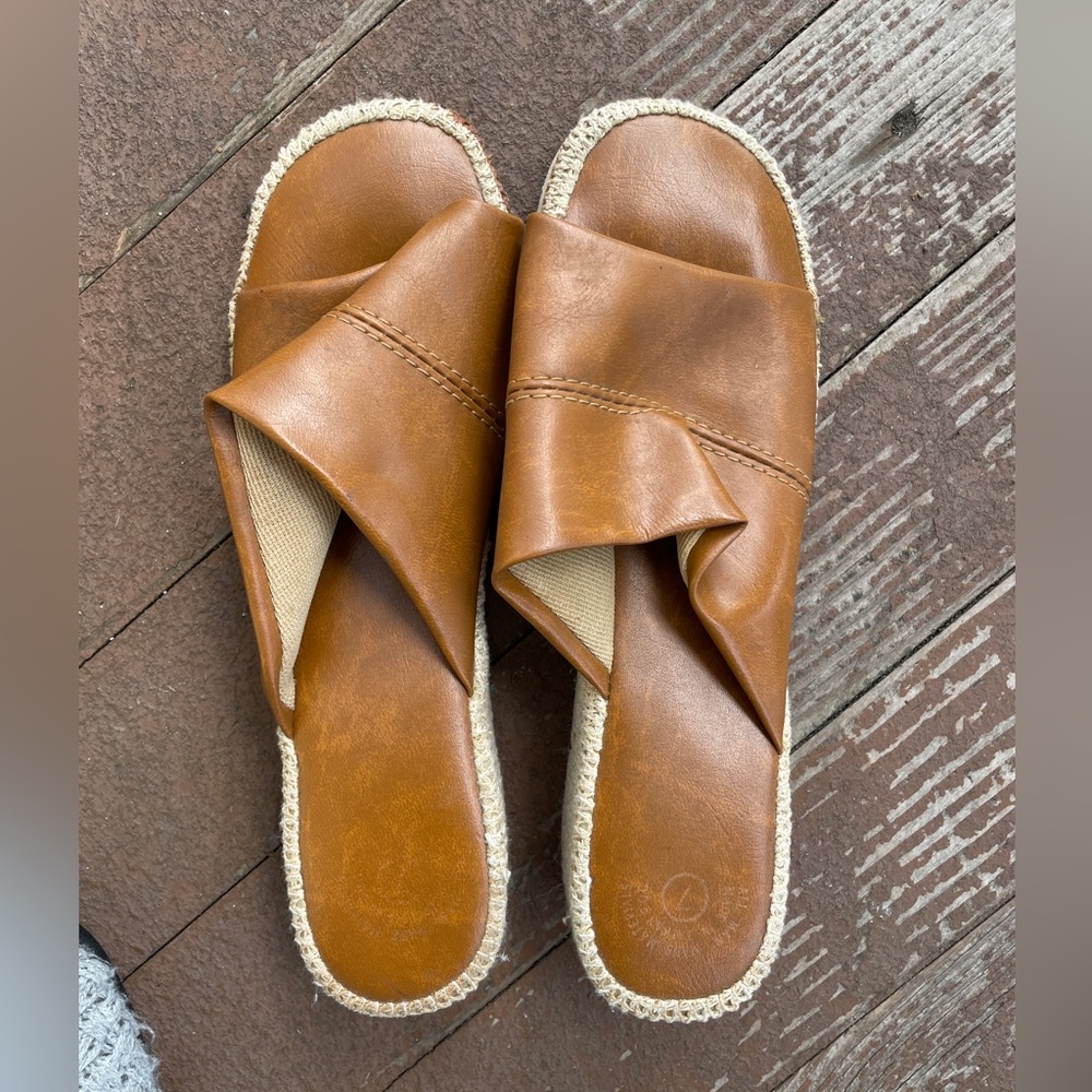 Women Vintage Made In Taiwan ROC Brown Soft Leather Open Toe Mules Wedge Heel